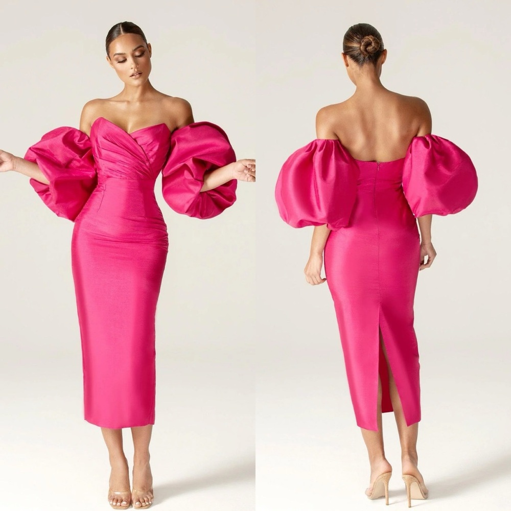 Alecia Tiffany Dupioni Puff Sleeve Dress Hot Pink NWT